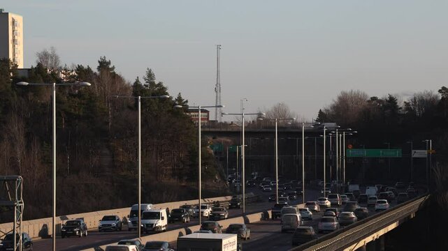 Stockholm, Sweden Traffic at sunset on the E4 highway