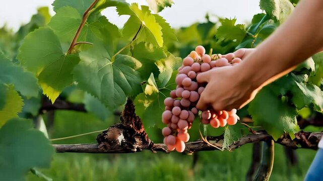 Hands holding grapes from the vine child nearby Vineyard family harvesting ripe fruit in a sunny setting