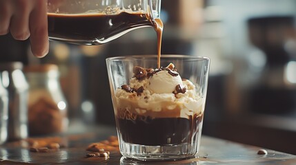 Pouring coffee over delicious ice cream.