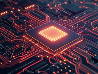 Fototapeta premium Futuristic Neon AI Chip with Glowing Circuit Concept and Patterns