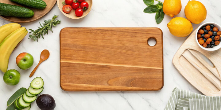 Wooden cutting board surrounded by fresh fruits, vegetables, and kitchen utensils on white marble surface