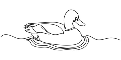 One continuous single line of wood duck swimming in river. Famous bird line art isolated on white background, Duck continuous one line drawing  outline vector illustration, Continuous one line drawing