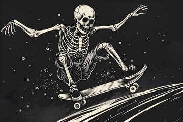 Black and white illustration of a skating skeleton