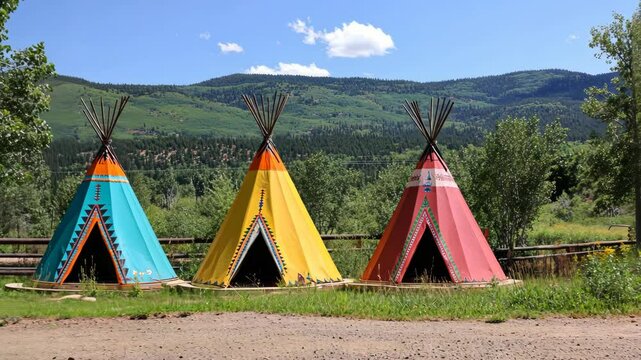 Colorful tipis set against a lush mountain backdrop in a serene outdoor setting