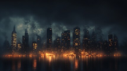 Obraz premium A dark, moody city skyline at night with glowing lights and fog.