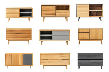 Mid-Century Modern Wooden Cabinets Collection - Minimalist Furniture Design on Transparent Background