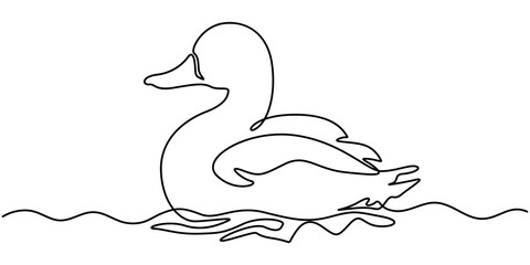 One continuous single line of wood duck swimming in river. Famous bird line art isolated on white background, Duck continuous one line drawing  outline vector illustration, Continuous one line drawing