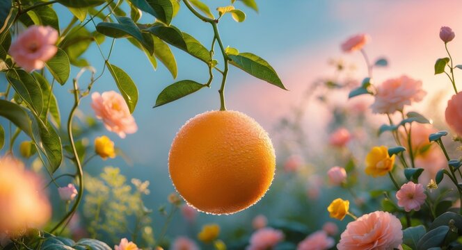 Happy orange fruit swinging in magical garden at sunset.