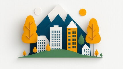 Autumnal Cityscape Illustration Layered Papercut Design with Yellow