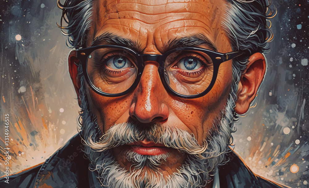 Poster man with glasses and a mustache is the main subject of the image. the man's facial features are emph