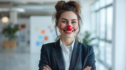 Cheerful businesswoman with red clown nose and painted smile celebrates April Fools' Day in the office. Joke, prank on colleagues at work