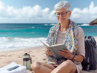 Elderly caucasian woman reading book on sunny beach with ocean waves