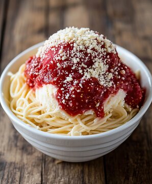 A close-up shot of a Spaghetti Eis dessert, served in a traditional white bowl