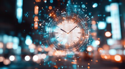Fototapeta premium Floating holographic clock with interconnected digital task management symbols.