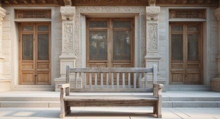 Obraz premium A wooden bench and building with a beautiful traditional style