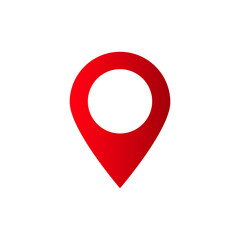 Red location icon with circular white center conveys navigation and direction features effectively.