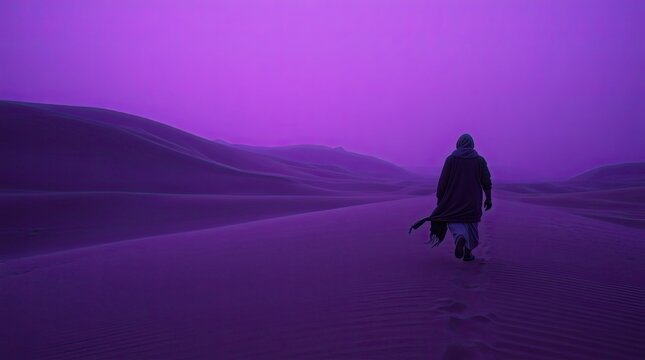 A solitary figure walks through expansive sand dunes under a vivid violet sky capturing a moment of reflection and connection to sufism in the twilight
