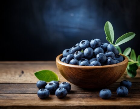 fresh blueberries in a rustic wooden bowl on an aged table with a dark background highlighting natural textures and empty space for text