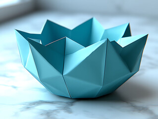 Elegant teal origami bowl on marble. Geometric, minimalist design. Perfect for concepts of creativity, fragility, or modern design. Ideal for websites, blogs, or product backgrounds.