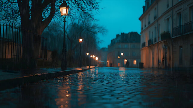 Rainy Parisian street at night, soft focus, lamplight reflections, quiet atmosphere, travel photography