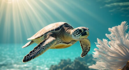 Obraz premium Sea Turtle Swimming in Ocean with Sun Rays and Coral Reef