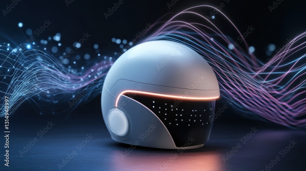 Poster smart neurostimulation hair growth helmet emitting gentle light with animated wave signals in an abs