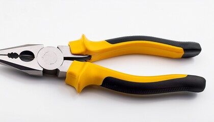 Obraz premium yellow pliers with black grip holding nothing on a white background