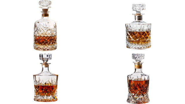 A crystal decanter of whisky isolated on transparent background, detailed photo, png 