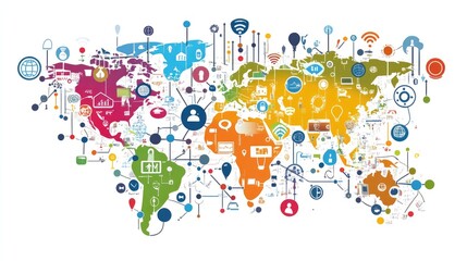 Obraz premium Global business communication concept with interconnected technology hubs.