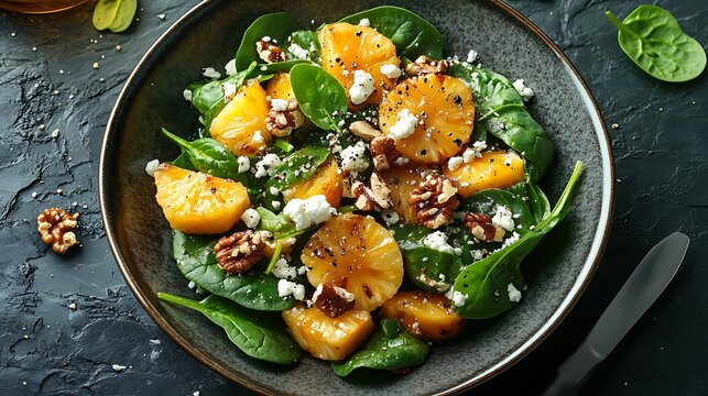A luxurious Pineapple Infusion salad with layers of caramelized pineapple rings, fresh spinach leaves, feta cheese, and toasted walnuts, meticulously plated on a dark stone surface.