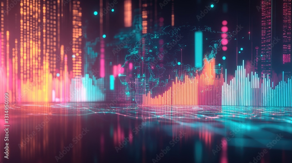 Poster global connection concept with a glowing world map and data streams.
