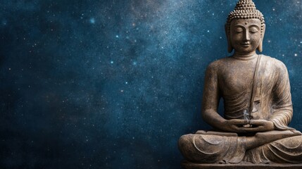 A serene Buddha statue sits against a cosmic blue backdrop, evoking tranquility and spiritual reflection, Ideal for mindfulness, meditation, wellness themes, or artistic projects,