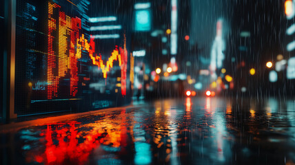 Obraz premium Rainy City Street at Night with Stock Chart Reflections Representing Business, Finance, and Investment Themes