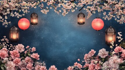 Illuminated Lanterns and Blossoming Flowers Against a Dreamy Dark Blue Backdrop