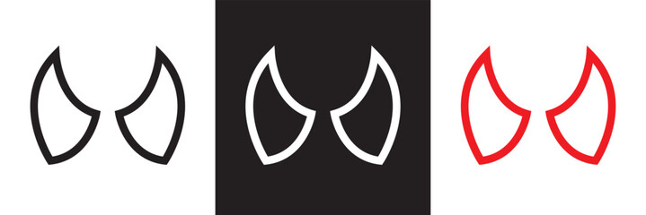 Black, white and red devil horns with curved shape design. Demon Horns. Halloween, evil, fantasy, spooky, horror concept.  Isolated on white, and black background. Vector illustration. EPS 10