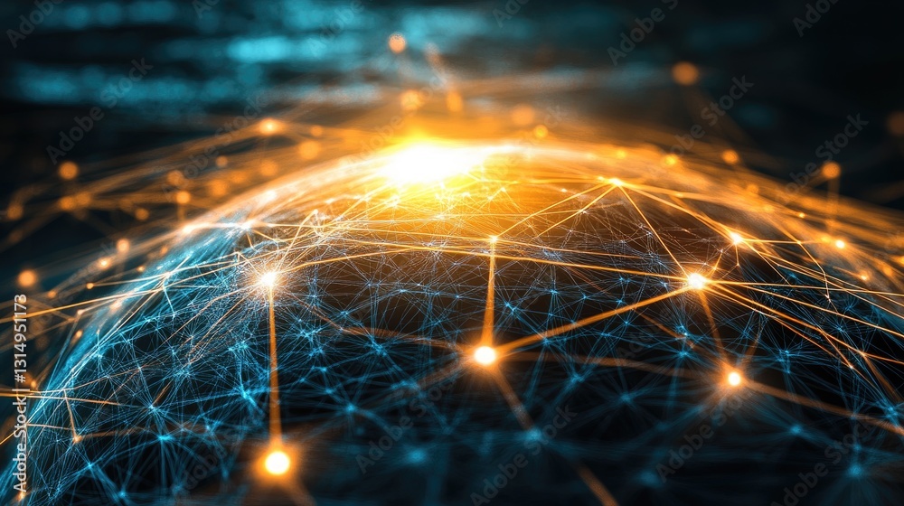 Poster global networking concept with a glowing d sphere of interconnected lines.