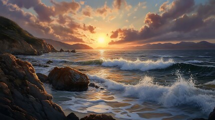 Obraz premium A serene sunset over a rocky coastline with gentle waves lapping at the shore.