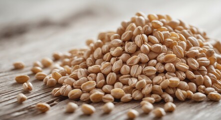 Obraz premium Closeup of Brown Buckwheat Groats Pile on Wooden Surface.