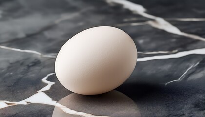 off white chicken egg resting on smooth marble slab