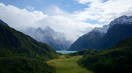 Obraz premium Panoramic View Of Majestic Snow Capped Mountains Green Valley And Serene Blue Lake Under A Cloudy Sky