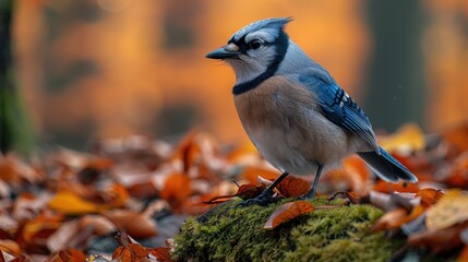 Blue Jay perched on mossy rock amidst autumn leaves. Warm, golden light bathes the scene.