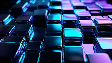 Fototapeta premium 3D Render of Shiny Metallic Cubes in Pink Purple and Blue Neon Light with Smooth Reflective Surfaces and a Grid-Like Pattern Creating a Futuristic
