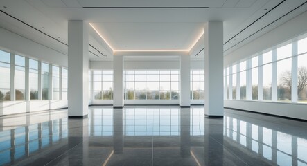 Fototapeta premium modern office lobby with polished floor and sunlit windows.