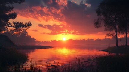 Obraz premium A serene sunset over a calm lake, reflecting vibrant colors and surrounded by nature.