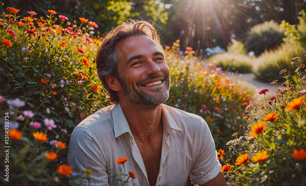 Poster man is sitting in a field of flowers, smiling and enjoying the sunshine. the scene is peaceful and s