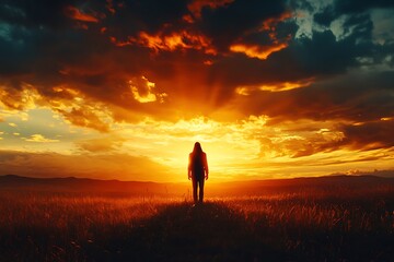 Fototapeta premium Silhouette of a person standing in golden light at sunset, reflecting the solemnity of Good Friday
