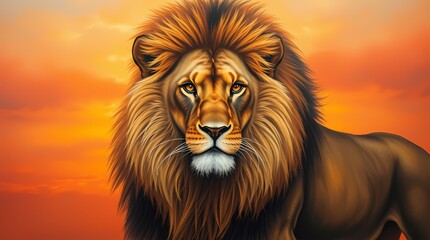 Fototapeta premium Majestic Lion in Sunset: A commanding lion, with a flowing golden mane, gazes intensely at the viewer against a vibrant orange and red sunset sky.