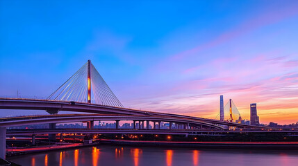Fototapeta premium Illuminated Cable-Stayed Bridge At Sunset Over River With Cityscape In Background