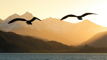 Naklejka premium Two birds soar over a tranquil lake at sunrise, majestic mountains in the background