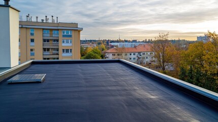 Flat roof overlooking city buildings